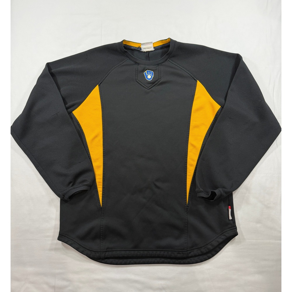 Majestic Therma Base Milwaukee Brewers Jersey Pullover Black Gold Mens Large